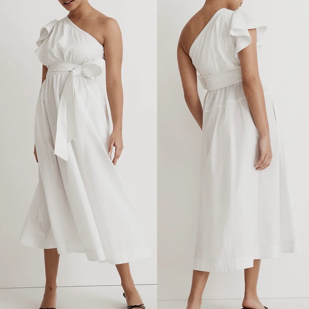 💗NWT Madewell Ruffled One-Shoulder Midi Dress White - Size 14